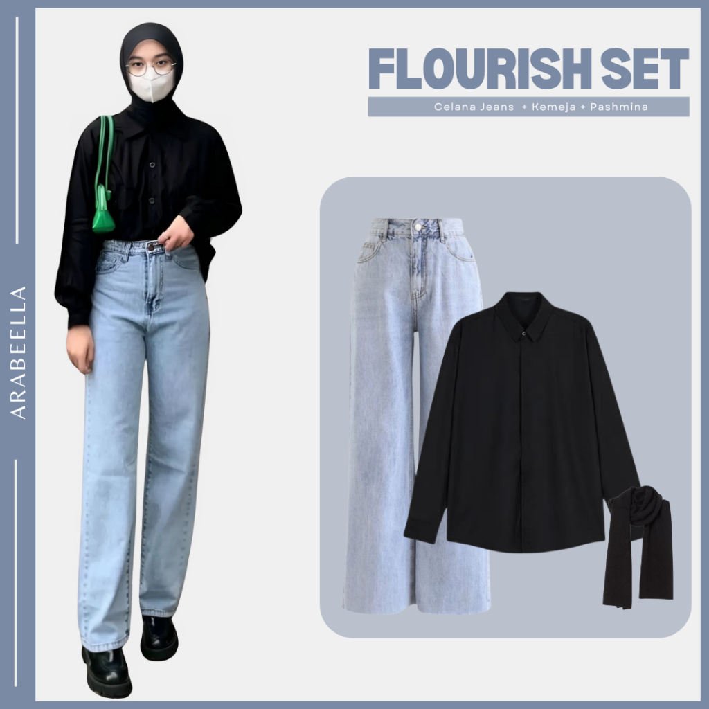 Setelan Wanita Flourish / Celana Jeans / Kemeja Basic  / Pashmina Jersey  / Oneset Korean Ootd Hijab