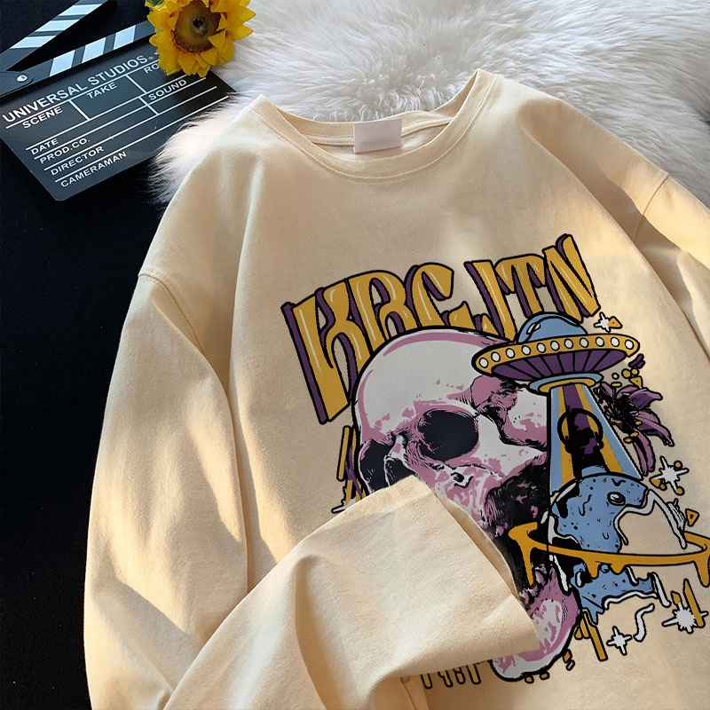 Disneay baju kaos Pria lengan panjang Kaos Oversize Pria baju atasan Pria Pola Tengkorak Antik Ameri