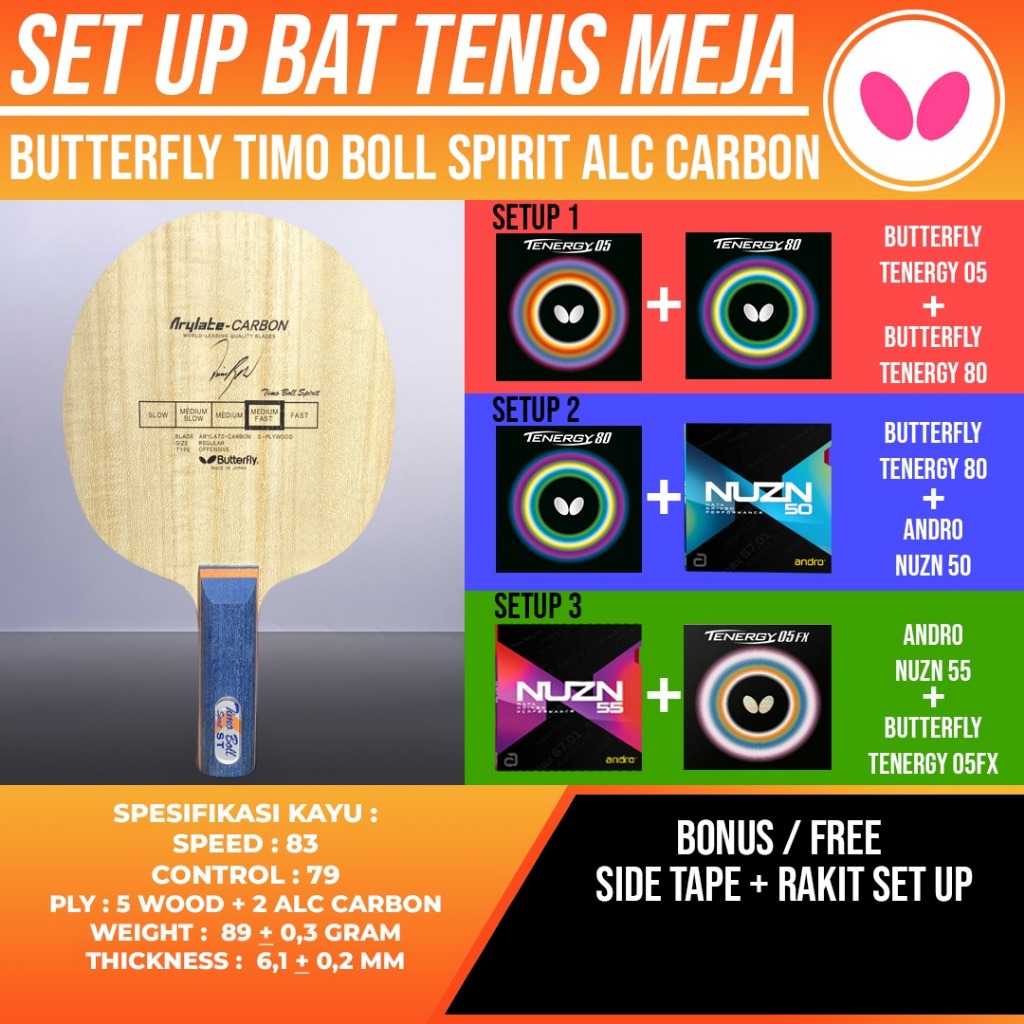 Paket Bat Pingpong Tenis Meja Rakitan Butterfly Timo Boll Spirit ALC Carbon Andro Nuzn Tenergy