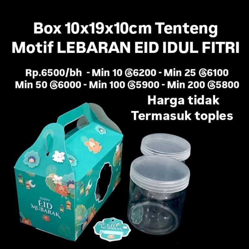 

Box 10x19x10cm Tenteng Motif LEBARAN EID IDUL FITRI muat 2 toples tabung 600ml, 400ml, 300ml