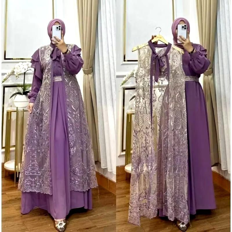 Baju Gamis Pesta Kondangan Lebaran Nafisha Dres Muslim Outer Brukat Wanita Kekinian