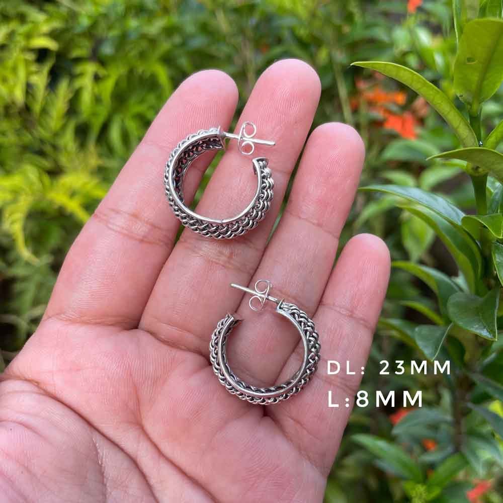 Anting Earrings Perak Silver Bali Bulat Hoop Tusuk Lebar Anyam Asli 925