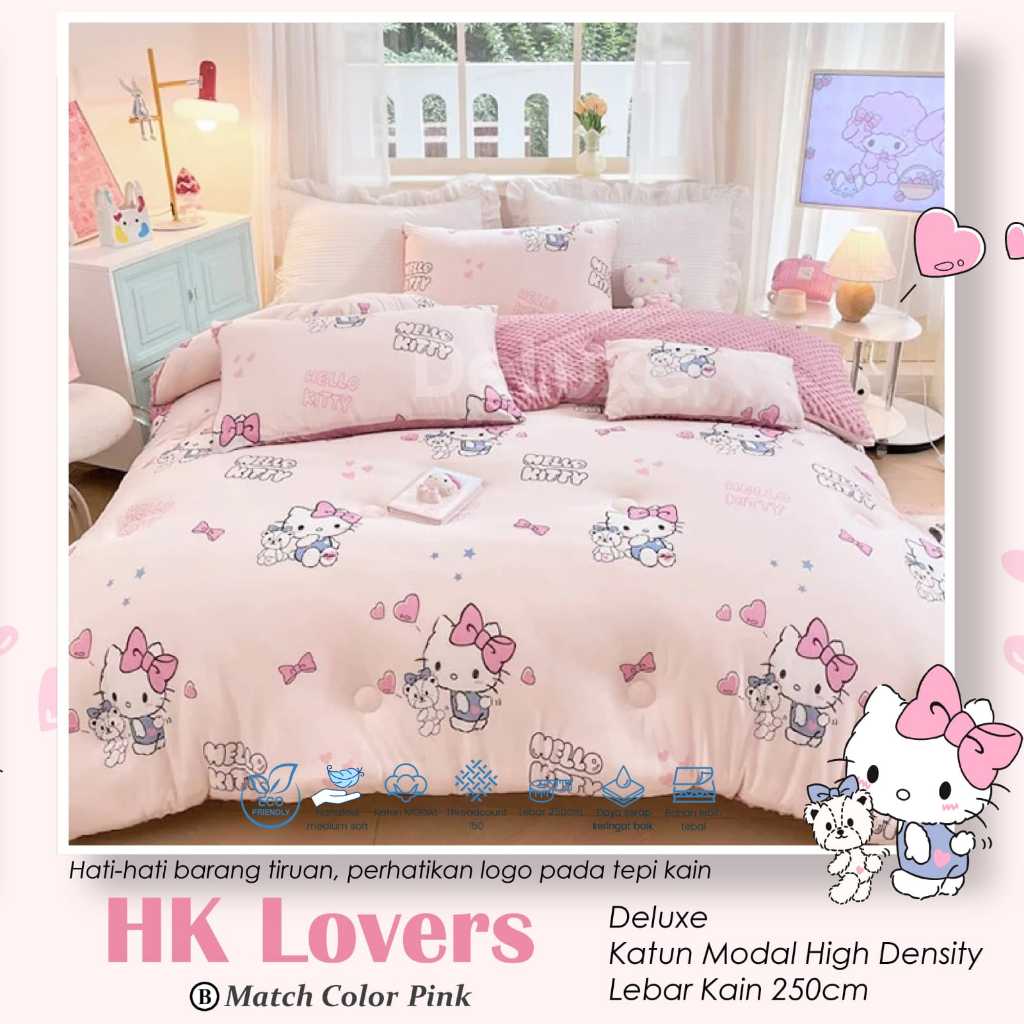 Sprei katun Lokal Star - Bintang Kecil Motif Hello Kitty - HK Star Love Pink Biru - hk candy
