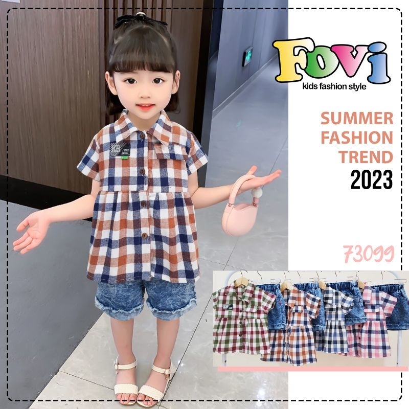 setelan anak perempuan levis kotak kotak katun