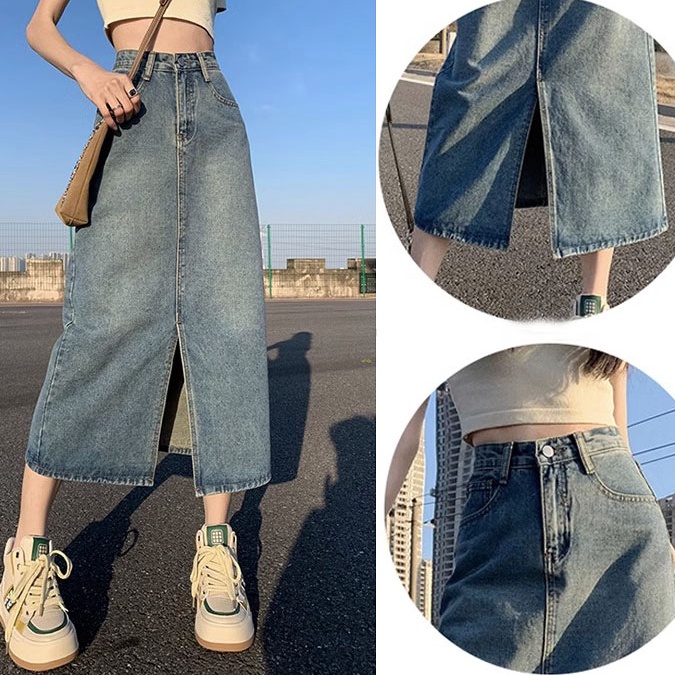 KODE G72L KeyGirl Rok Jeans Wanita Split Rok Jeans Wanita ALine Rok Jeans Wanita Highwaist Korean St