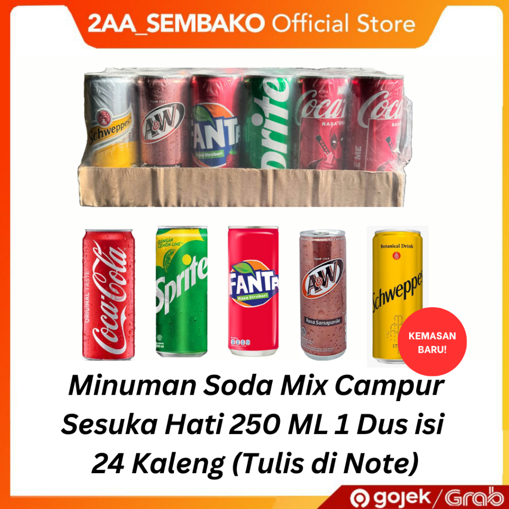 

Minuman Soda Mix Campur Rasa Sesuka Hati 250 ML 1 Dus isi 24 Pcs (Tulis di Note)