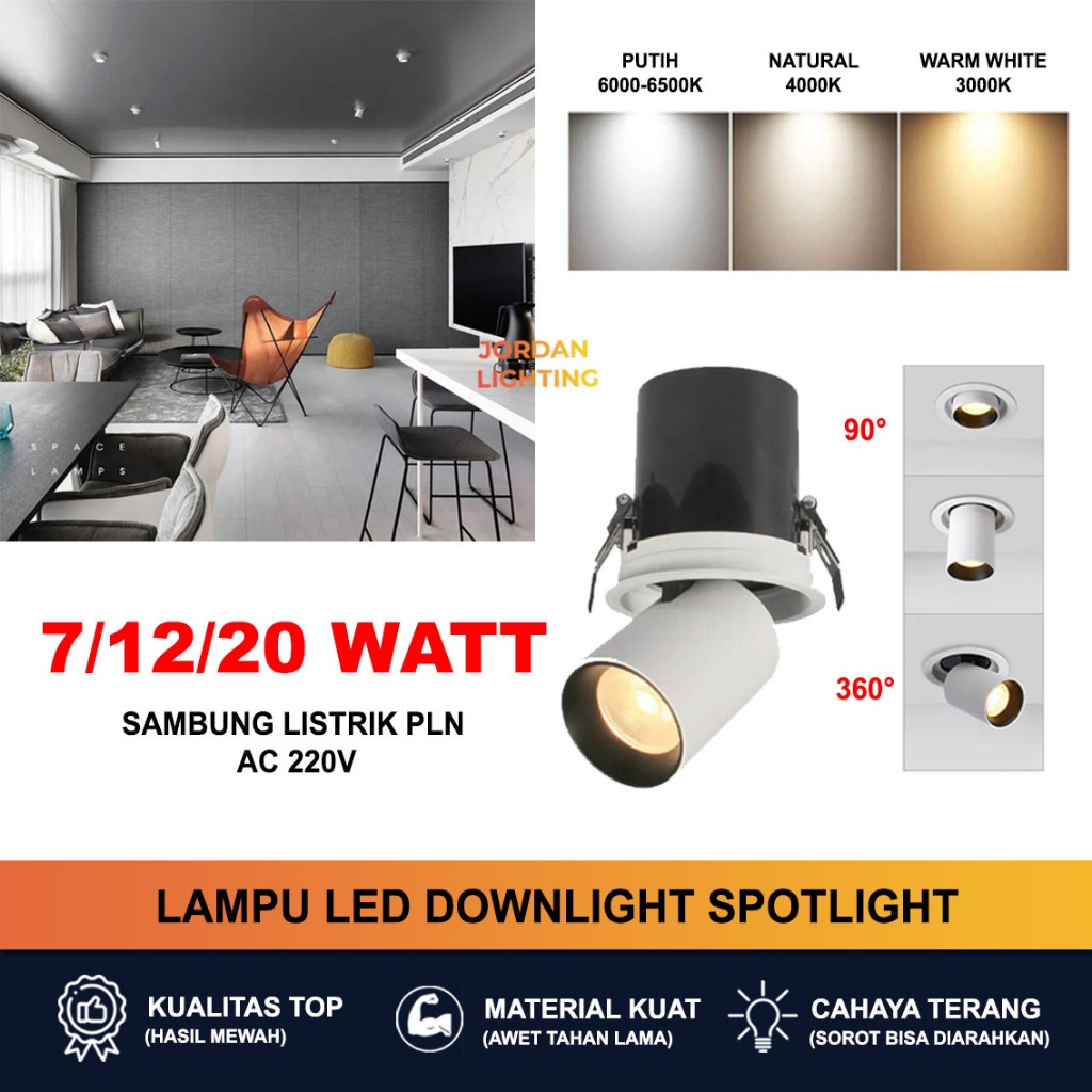 Kap Lampu Sorot Plafon LED COB 7W 12W 20W - Housing Spotlight Bisa Diarahkan 360 Derajat  (Adjustabl