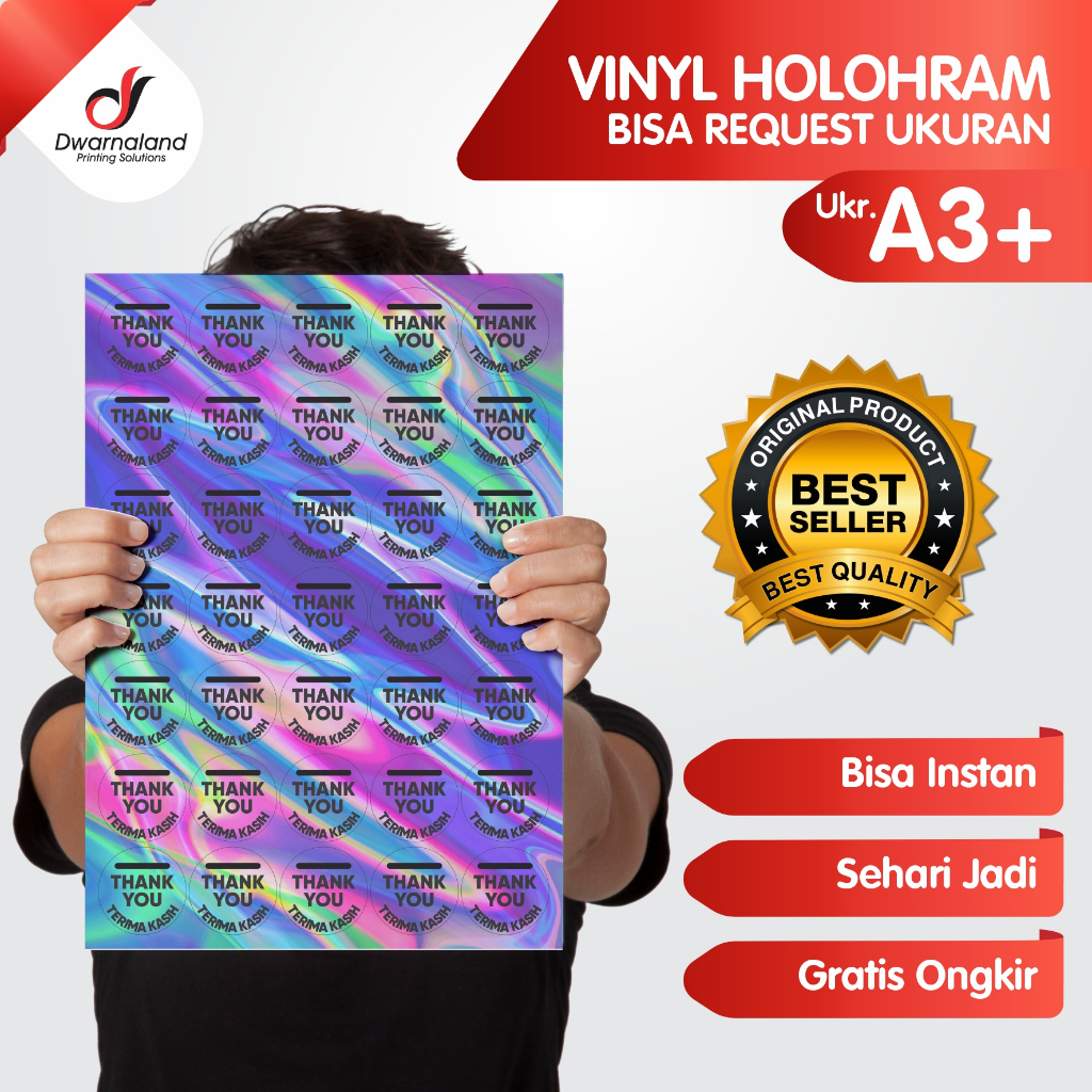

Cetak Stiker Vinyl A3+ Custom /Label Kemasan / Logo / Makanan / Minuman / Anti Air Vinyl Hologram