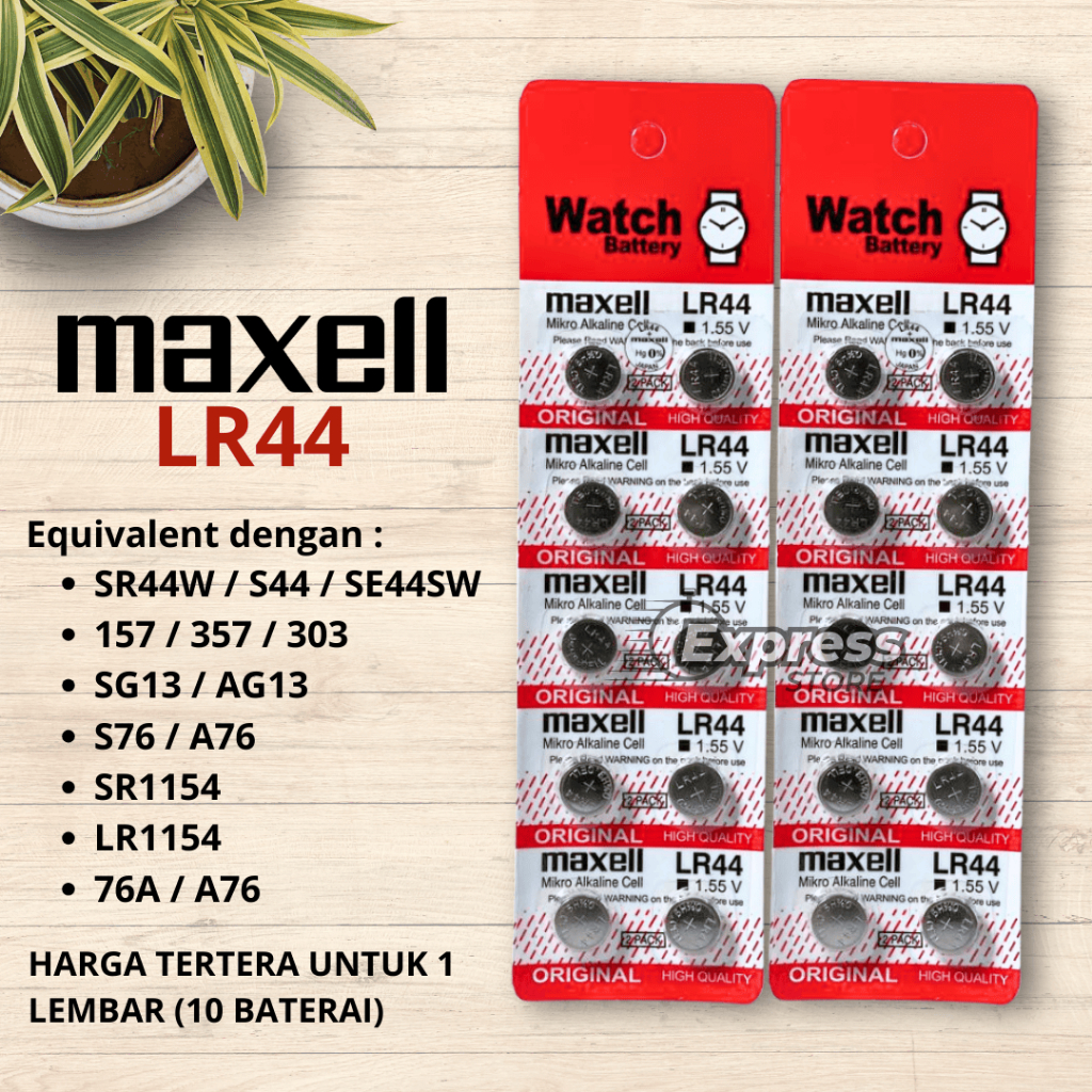 Baterai Maxell LR44 AG13 Alkaline Batrai Kancing LR 44 A76 76A Perlembar