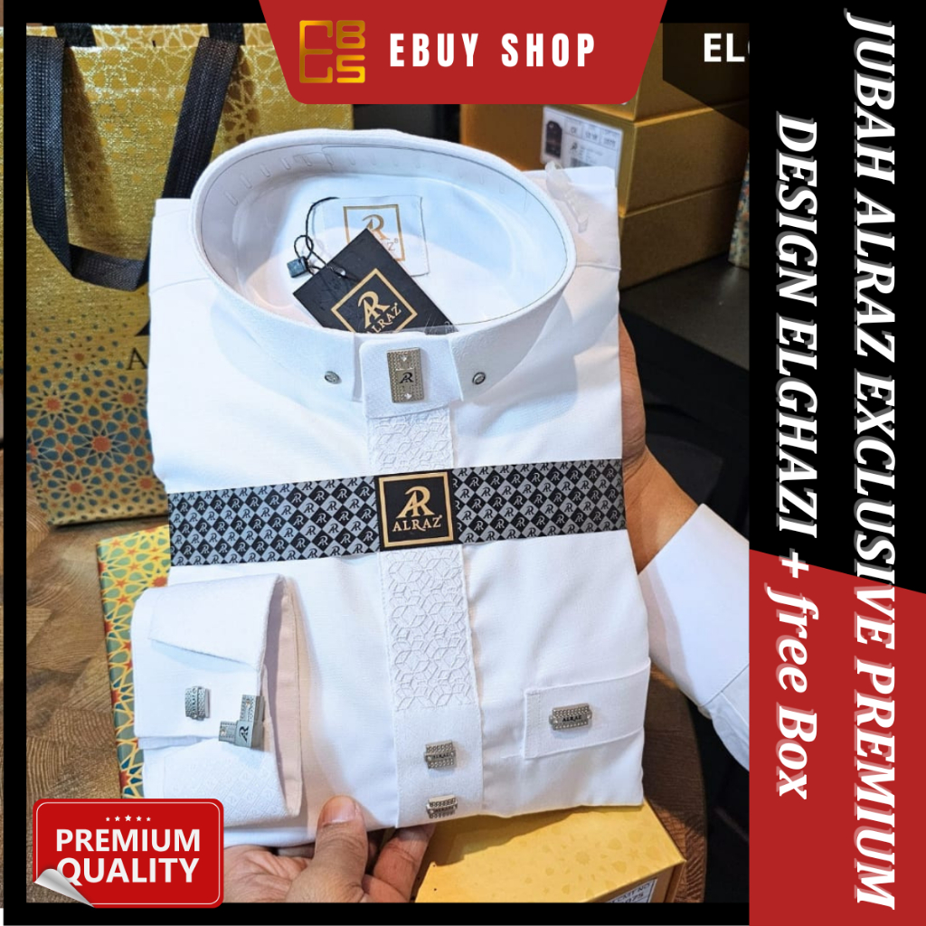[Non COD} Spesial Ramadan Jubah Gamis Putih Alraz Exclusive Super Premium Design Elghazi 1075 + Free