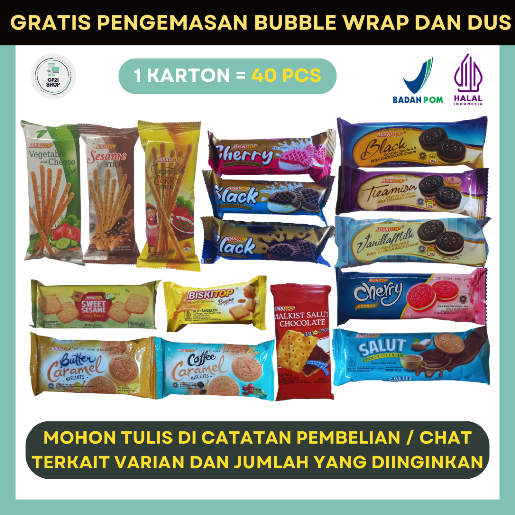 

Biskitop 1 Dus / 1 Karton Mix (Isi 40 PCS) - Biskuit Cemilan Snack Grosir Murah