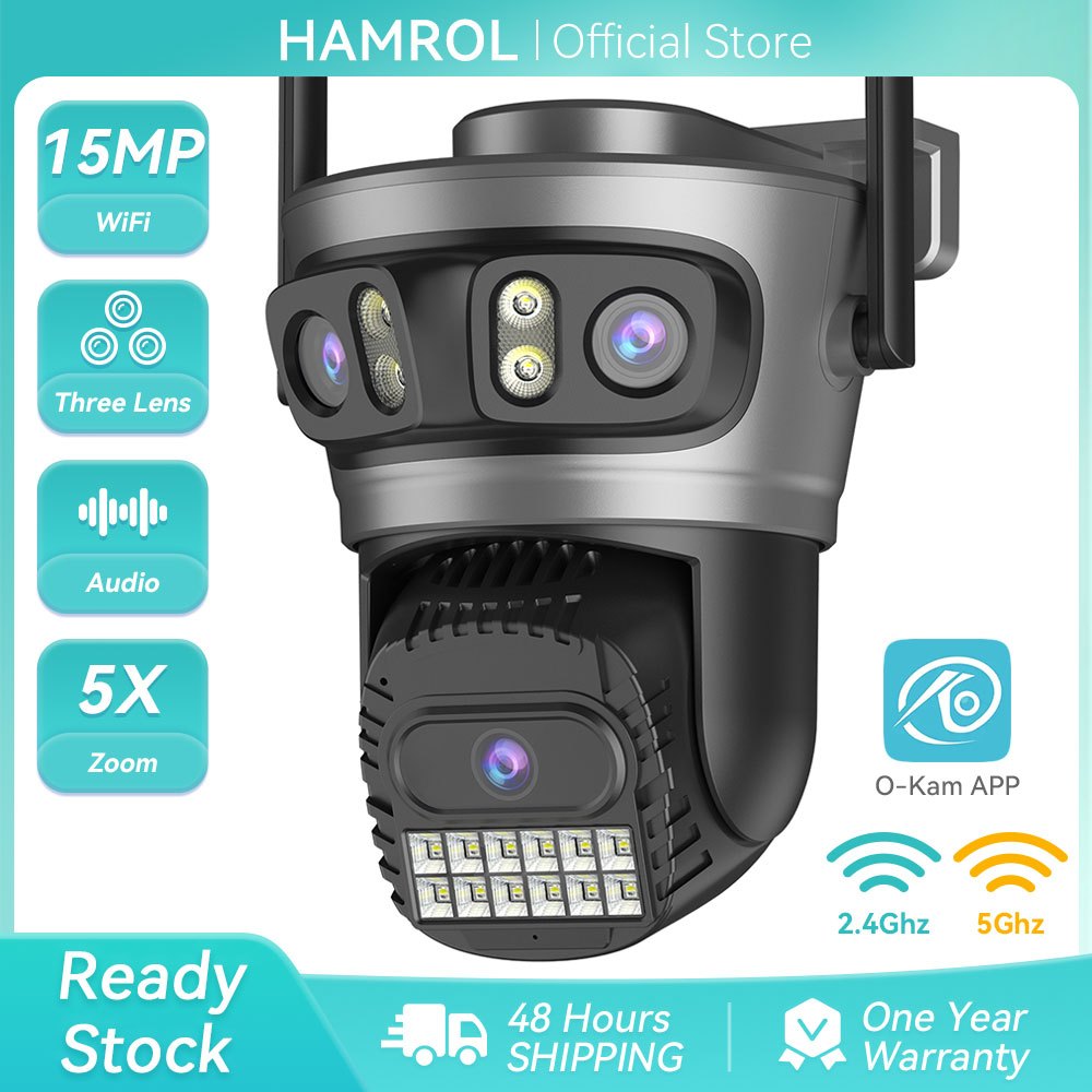 Hamrol 15MP 5X Zoom Three Lens WIFI Camera Outdoor PTZ Kamera Waterproof CCTV Camera HP Jarak Jauh
