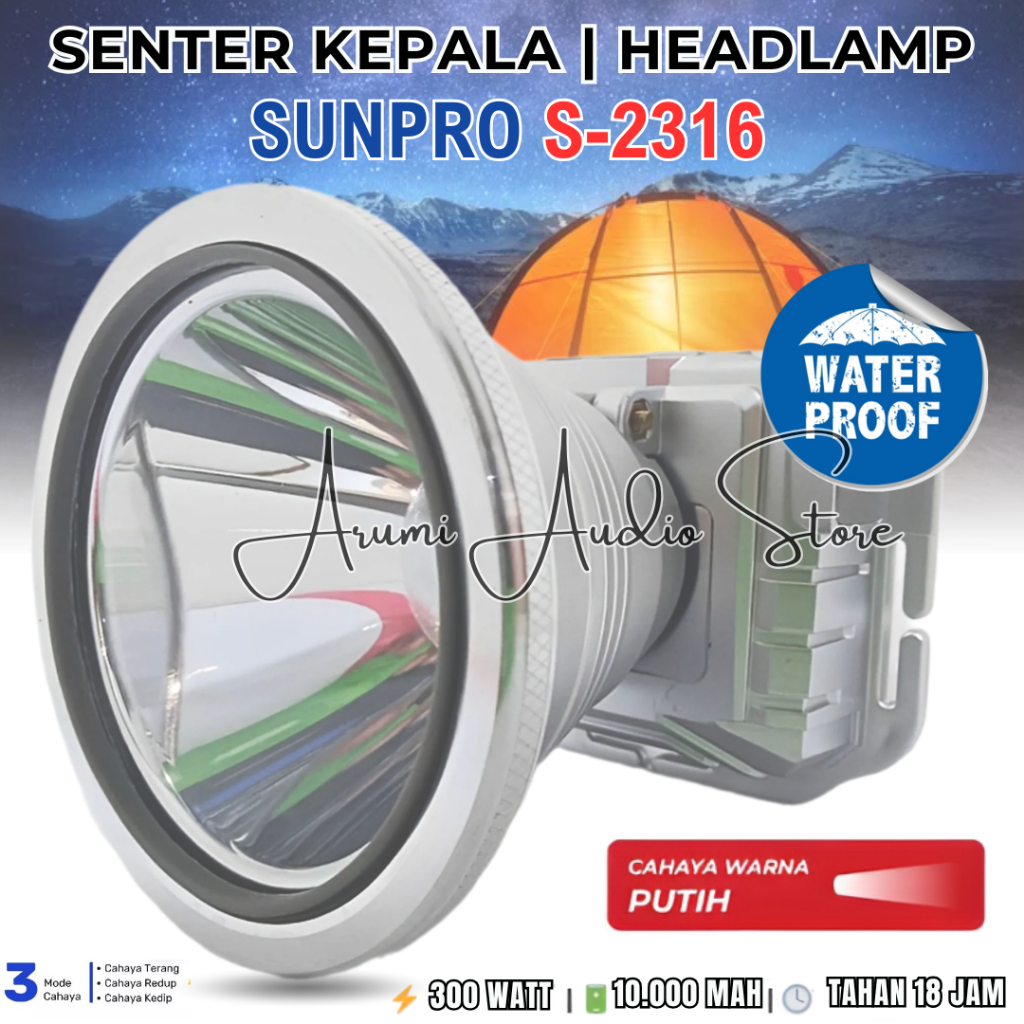 Senter Kepala / Headlamp Led Sunpro S-2316 Led 300 Watt Super Terang | Senter Cas Anti Air Cahaya Pu