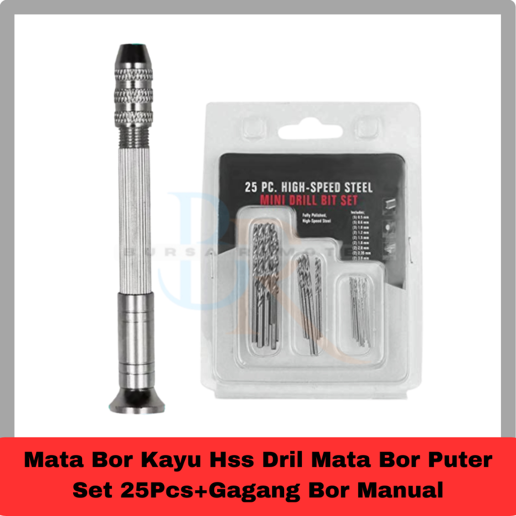 Mata Bor Kayu Hss Dril Mata Bor Puter Set 25Pcs+Gagang Bor Manual