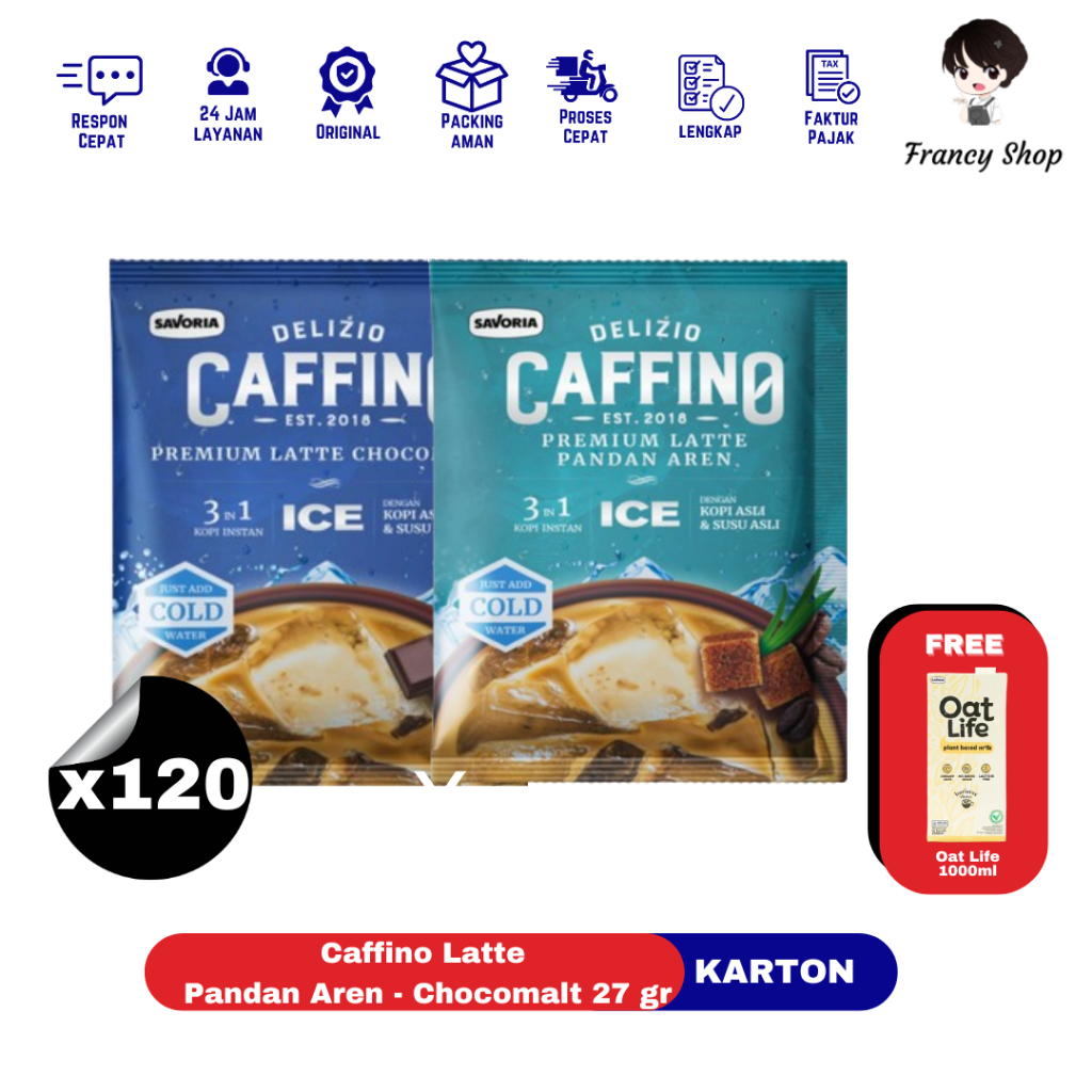 

Paket Karton Kopi Delizio Caffino Premium Latte Chocomalt Ice / Pandan Aren Ice Sachet Renceng 27 gr x120 + FREE OAT LIFE 1L