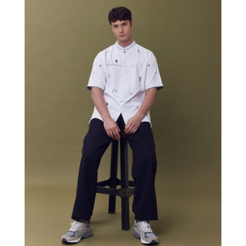 Atjeh White busana Muslim pria lengan pendek warna putih baju koko al achwan bisa couple ayah dan an