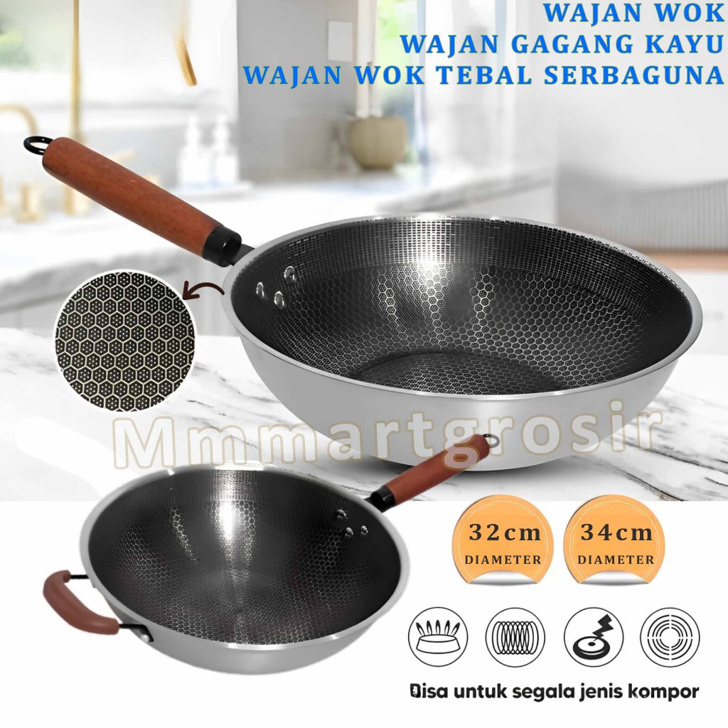 Wajan Wok / Wajan Stainless Gagang Kayu / Wajan Wok Tebal Serbaguna
