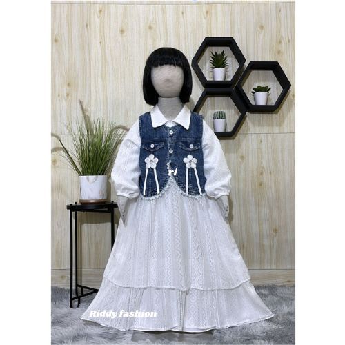 GAMIS 2IN1 ROMPI JEANS MIX SHAKILA BRUKAT PREMIUM ANAK PEREMPUAN USIA 3 - 10 TAHUN / BAJU GAMIS RAYA