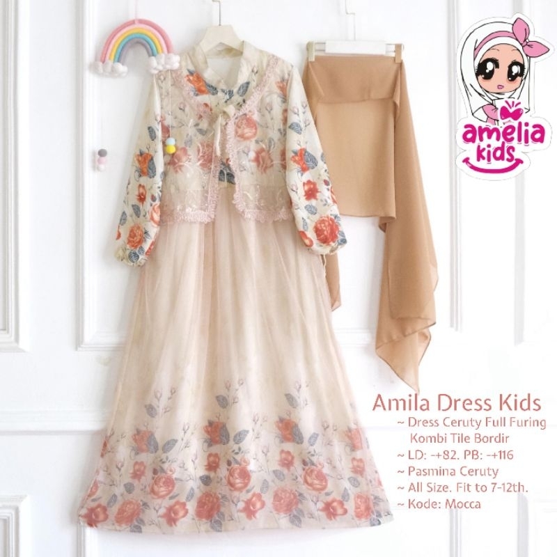 Amila Kids Dress Maxy Gamis Anak Set Jilbab Ceruty Motif Bunga Usia 7-12Th By Amelia