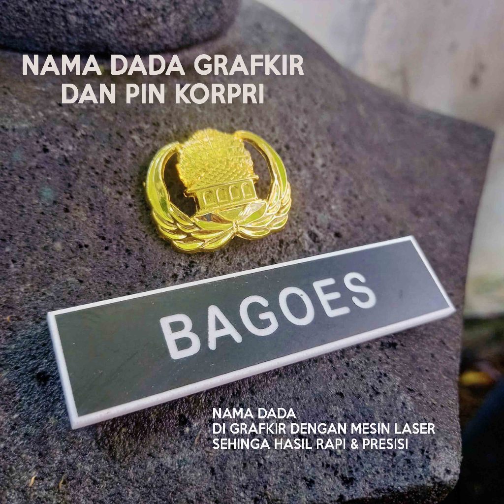 Papan Nama Dada Grafir Murah + Pin Korpri Kuningan Lencana Korpri