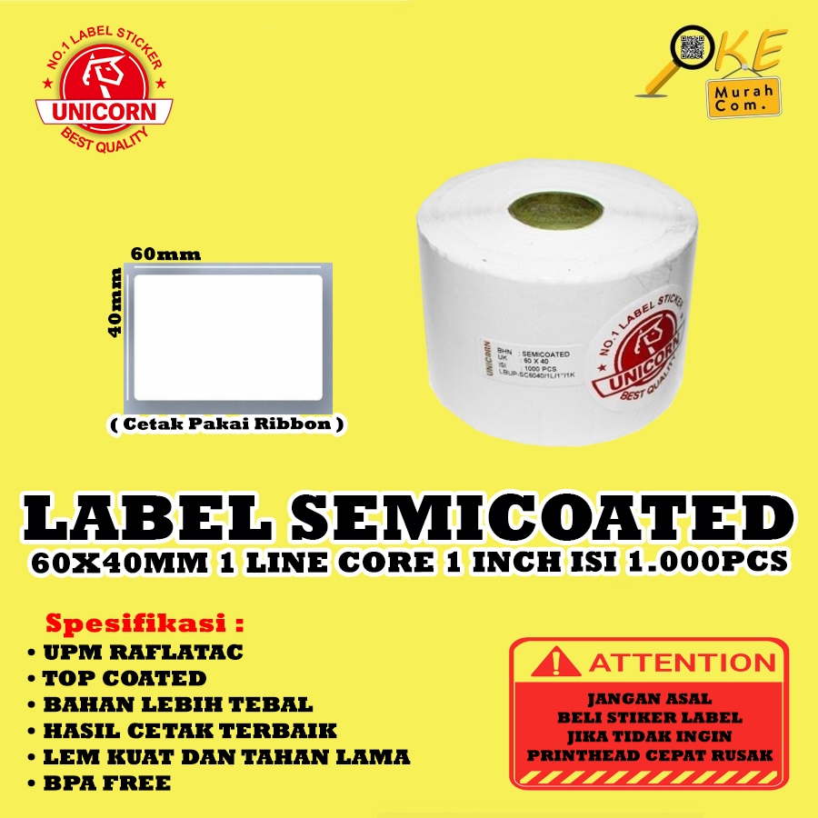 

Rad Stiker Label Barcode Semicoated 60x40mm / 60x40 mm / 60 x 40 mm 1 Line Core 1 Inch 1.000 pcs