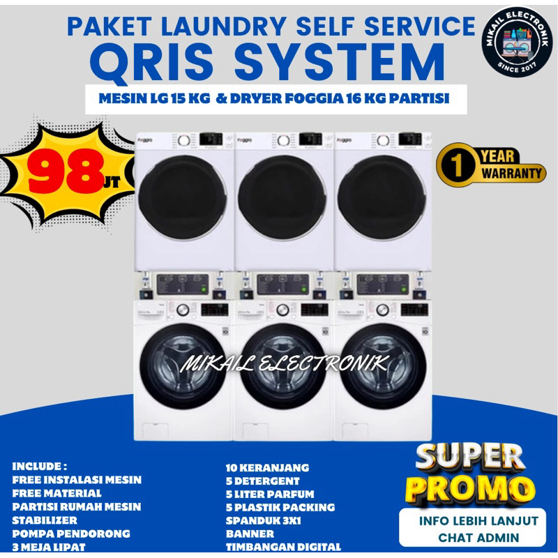 PAKET MESIN LAUNDRY SELF SERVICE KOIN /QRIS MESIN CUCI LG 15KG DRYER FOGGIA 16KG