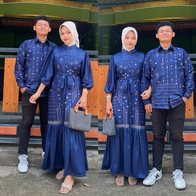 Shanum biru Gamis Couple Set Hijab Batik Kombinasi Polos Santorini Silk Premium Lebaran Kondangan Sa
