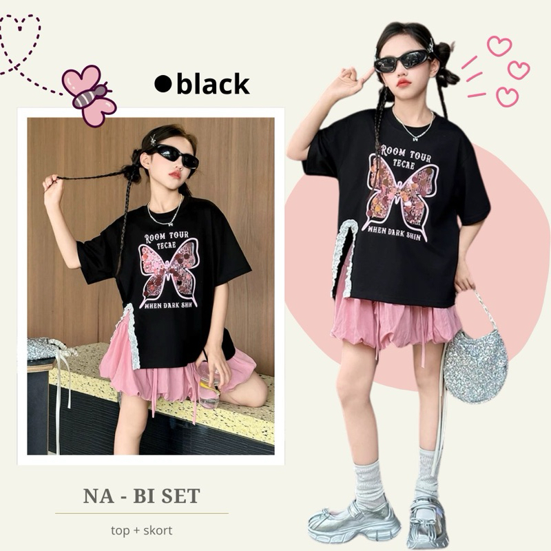 Kbabynkids Set Girl Na-Bi Setelan baju blouse skort balon anak perempuan impor