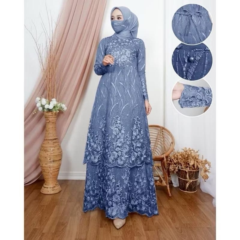 DAVINA - DRESS BAJU GAMIS GAUN BRUKAT REMAJA DEWASA FULL BRUKAT TILE MUTIARA  BUSUI JUMBO WARNA BIRU