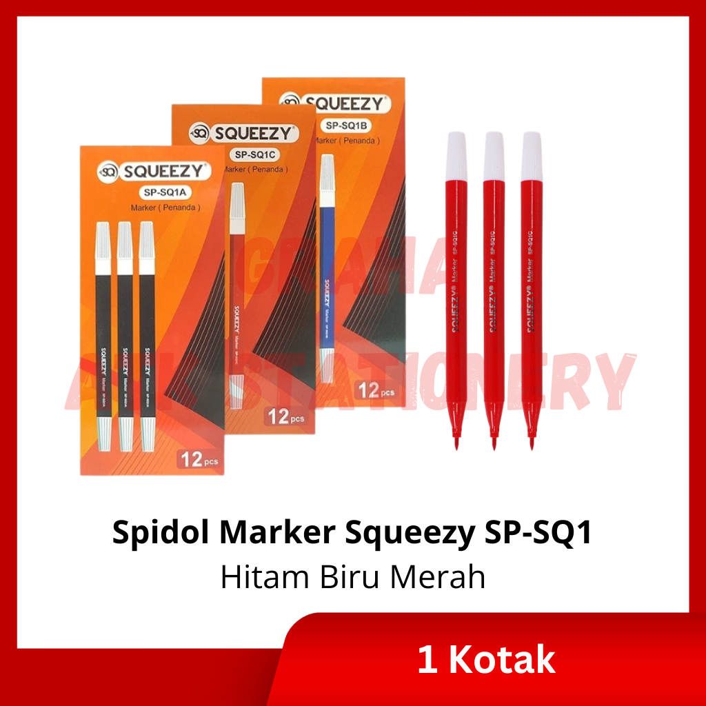 

[1 Kotak] Spidol Marker Kecil Hitam, Biru, Merah Squeezy SQ-SQ1A / Penanda Pen Spidol Marker Squeezy
