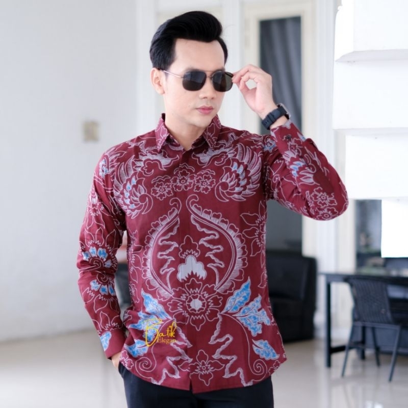Batik Elegan Motif ANGKASA MERAH MAROON kemeja batik pria lengan panjang baju batik pria lengan pend