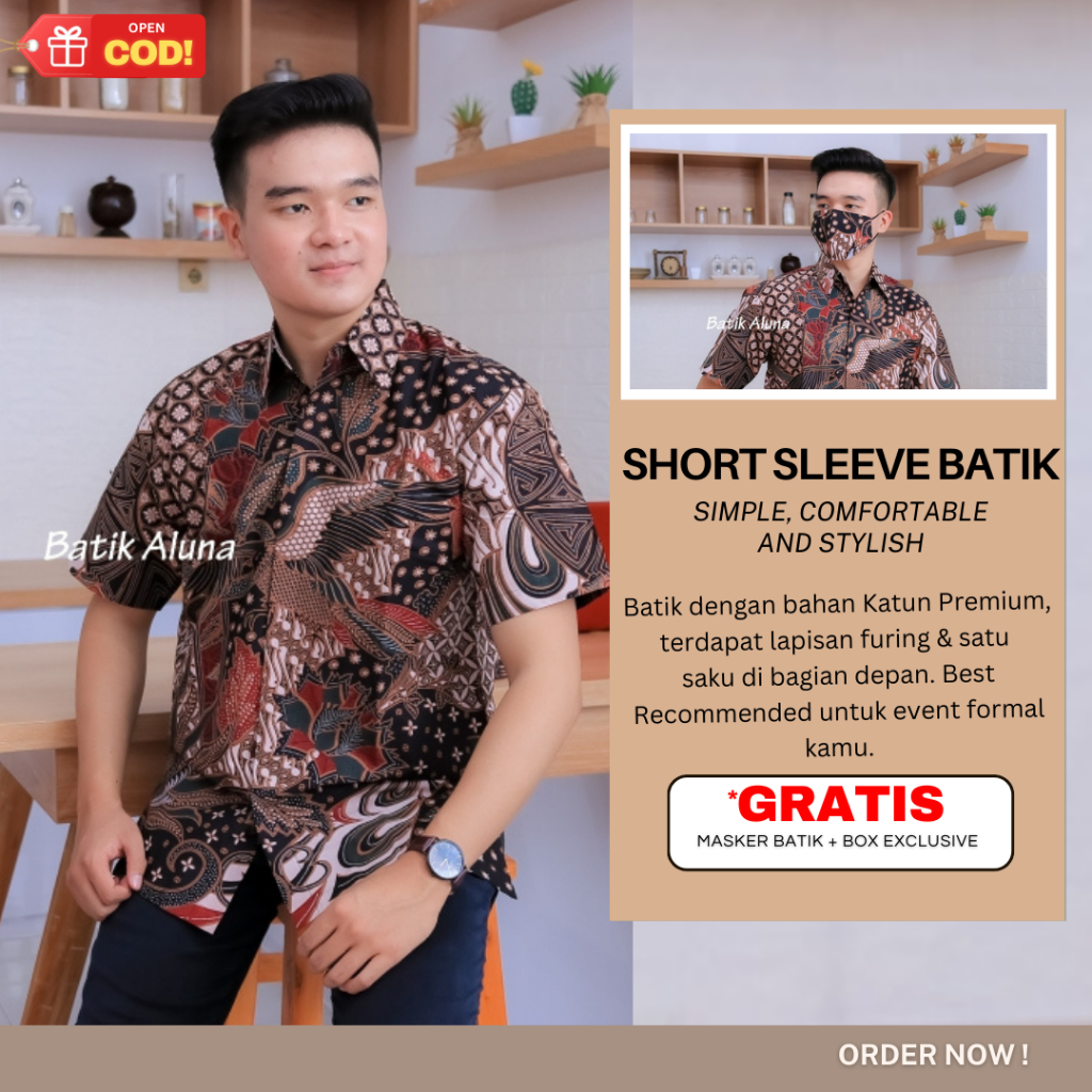 Baju Kemeja Batik Pendek Full Furing Buat Kerja Kondangan Acara Pernikahan Pria Simple Moderen Aluna