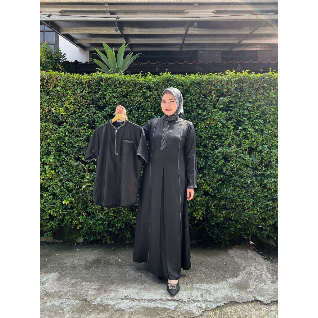 Dress Kanaya Set Couple Sarimbit Cantik Dan Elegan Hitam Pekat Berbahan Leksina