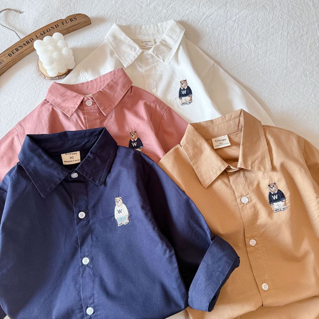 (LR CK655) Bear Long Sleeve Shirt | Kemeja Polo Lengan Panjang Anak Laki-laki | Atasan Baju Anak