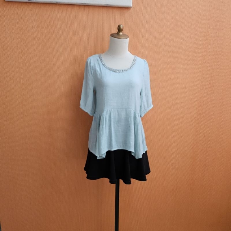 atasan wanita biru muda GROVE cewek M blouse leher sequin cute santau