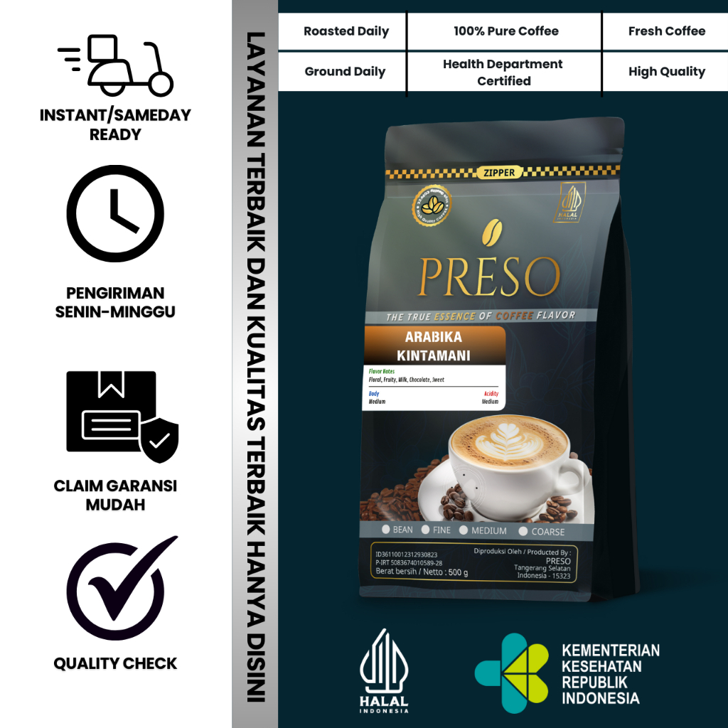 

PRESO Biji Kopi Bubuk Arabika Kintamani Bali Coffee Roast Beans Espresso Bean Coffe 500 gram