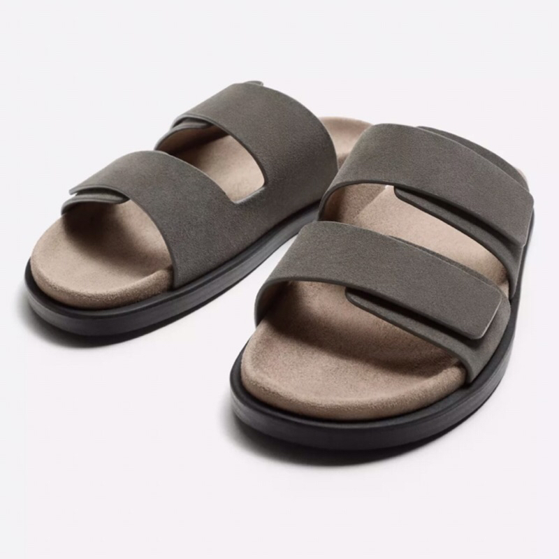 ZARA Men Sandal Double Strap Leather Sendal Pria Taupe Grey