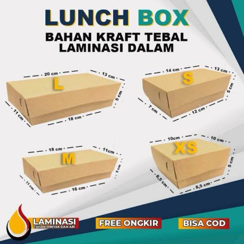 (100pcs ) LUNCH BOX KRAFT COKLAT LAMINASI UKURAN XS, S, M, L ISI 100 / WADAH NASI KOTAK / BOX CATERI