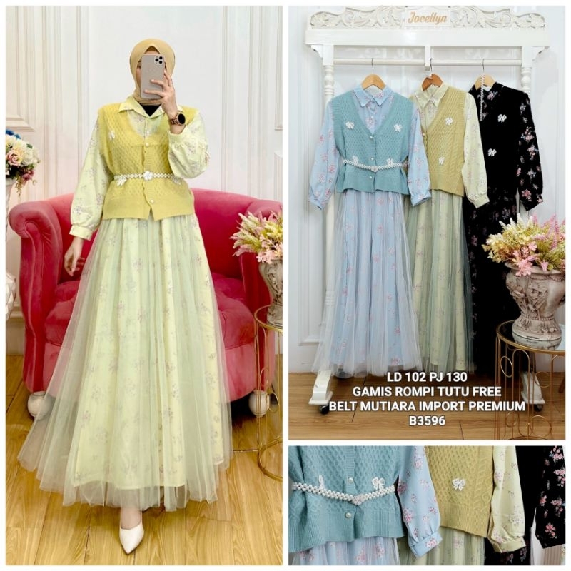 Gamis tutu tile flower rompi rajut import jocellyn B3596