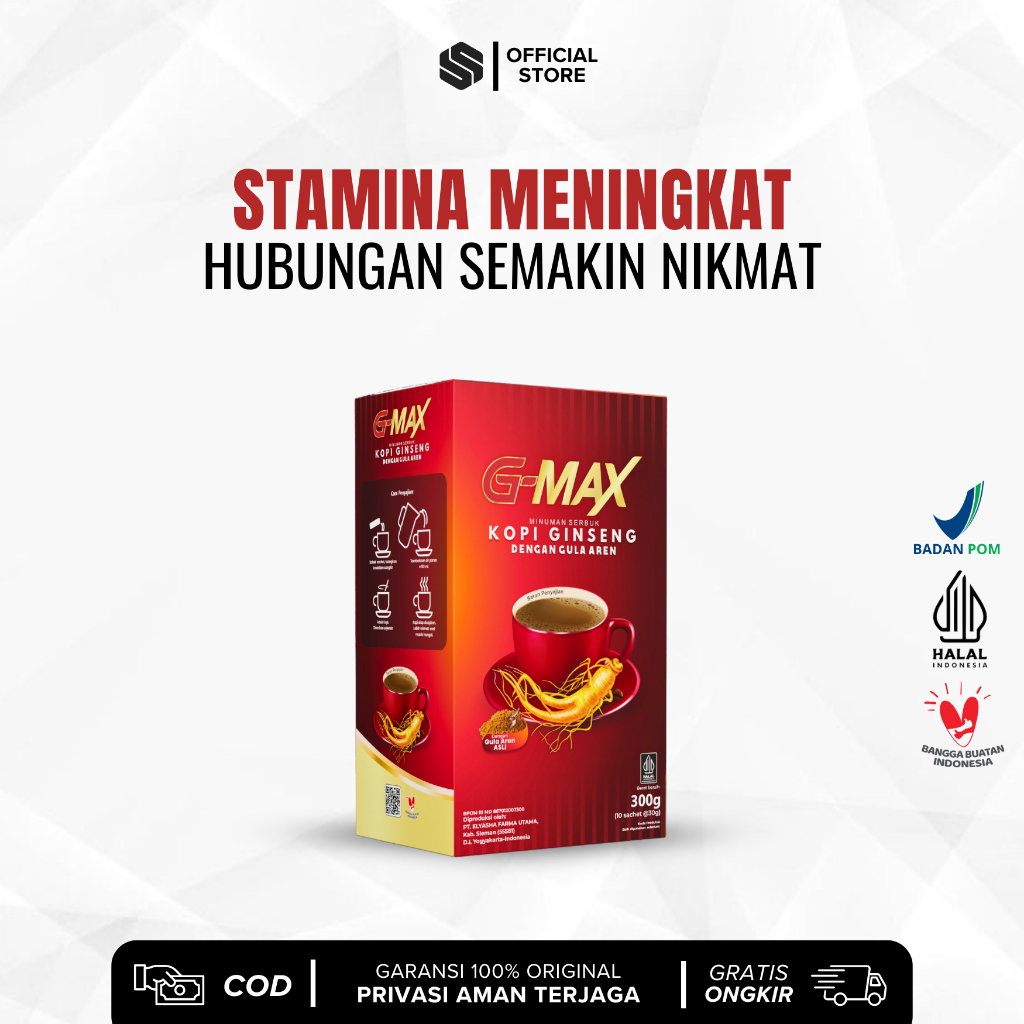 

G-MAX MINUMAN KOPI STAMINA PRIA DEWASA EXTRA GINGSENG ORIGINAL TAHAN LAMA SEMALAMAN 1 BOX ISI 10 SACHET