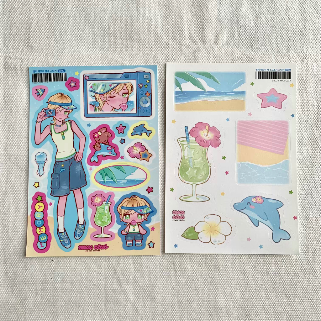 

Sticker sheet mxxclub maxiclub korea postcard illustration 맥시 maxxie illustrator beach girl summer dolphin flower