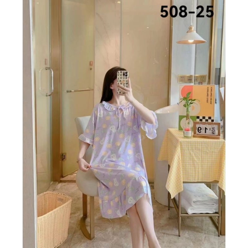 Daster dress pendek wanita baju tidur import kekinian korean allsize kerah rumbai renda pita bunga u