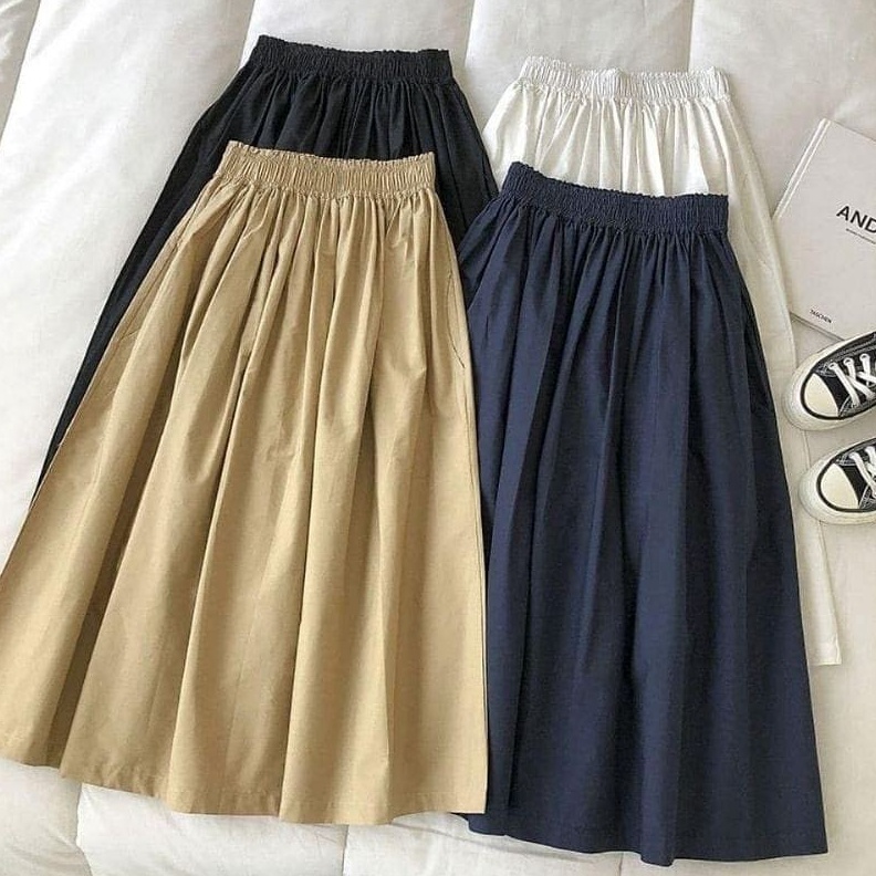 KODE O49Z ROK JACKLYN SKIRT HS KATUN LINEN PINGGANG KARET Rok Wanita Terbaru 223 Rok Katun Skirt Pan