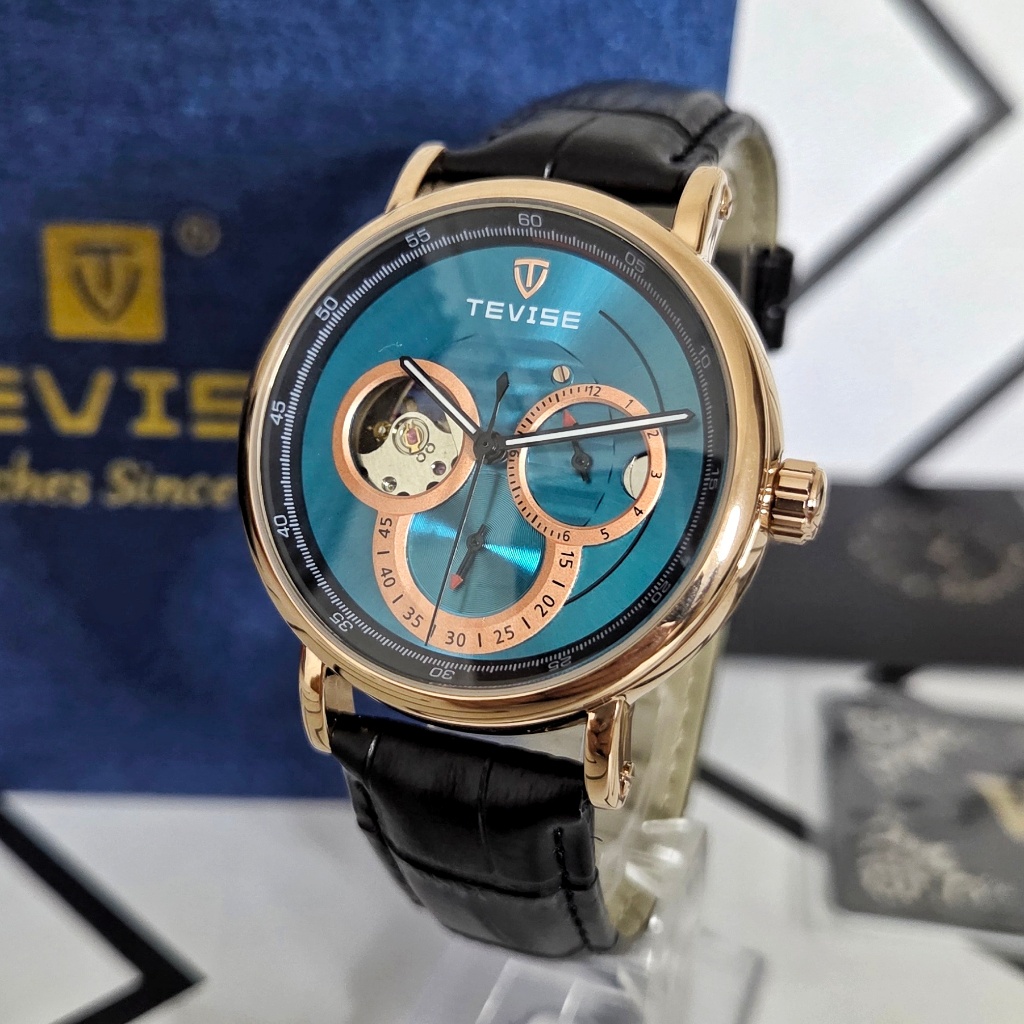 TEVISE Chakra Jam Tangan Pria Original Automatic Mekanik Skeleton Kulit Leather Rose Blue Anti Air