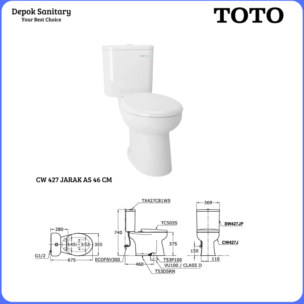 CLOSET DUDUK TOTO CW427J SOFT CLOSING DUAL FLUSH / MONOBLOK CLOSET TOTO CW 427J CW 427 J