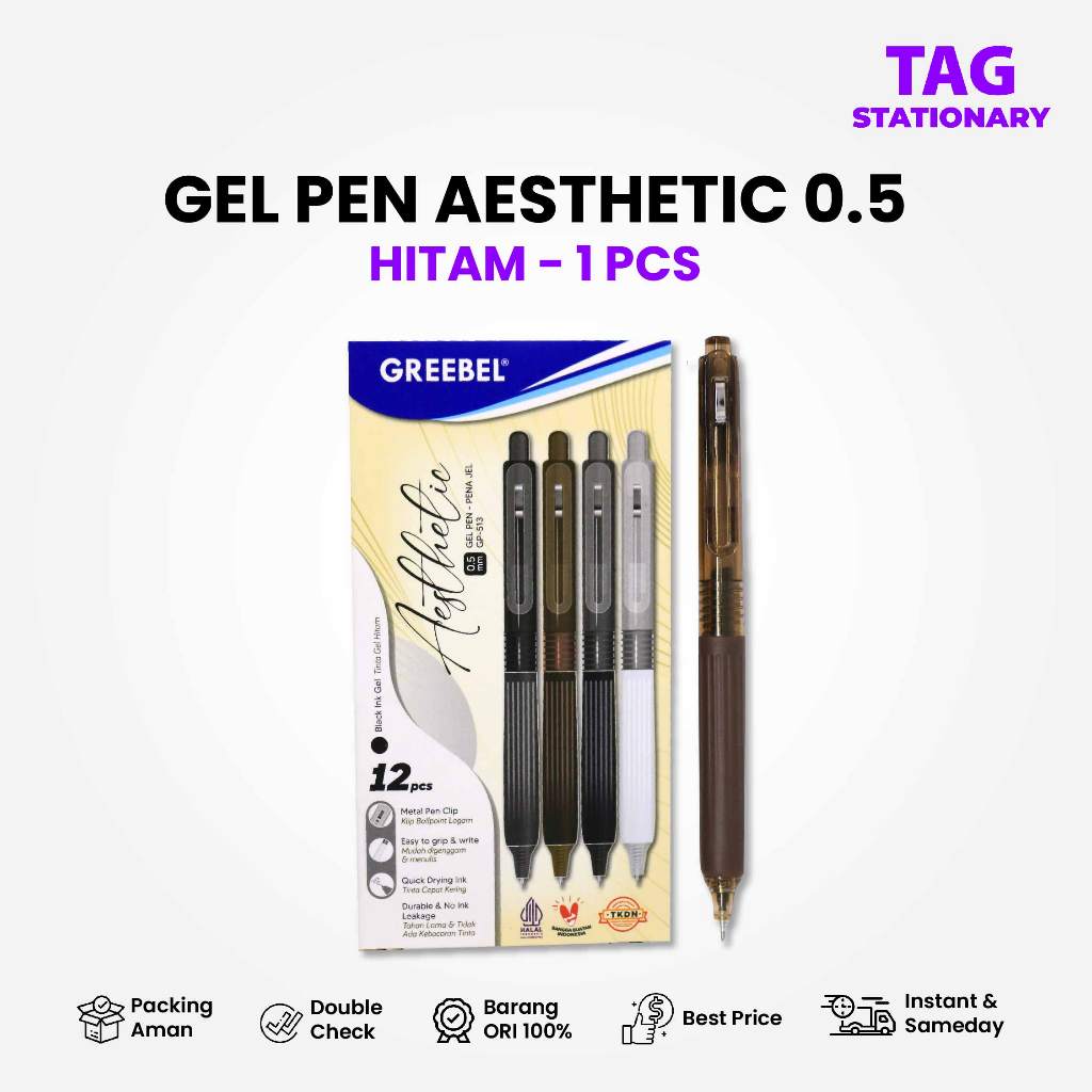 

GREEBEL PULPEN GEL / GEL PEN GP-513 AESTHETIC Hitam 0.5 (1PCS) / Ballpen Gel Bolpen Cetek