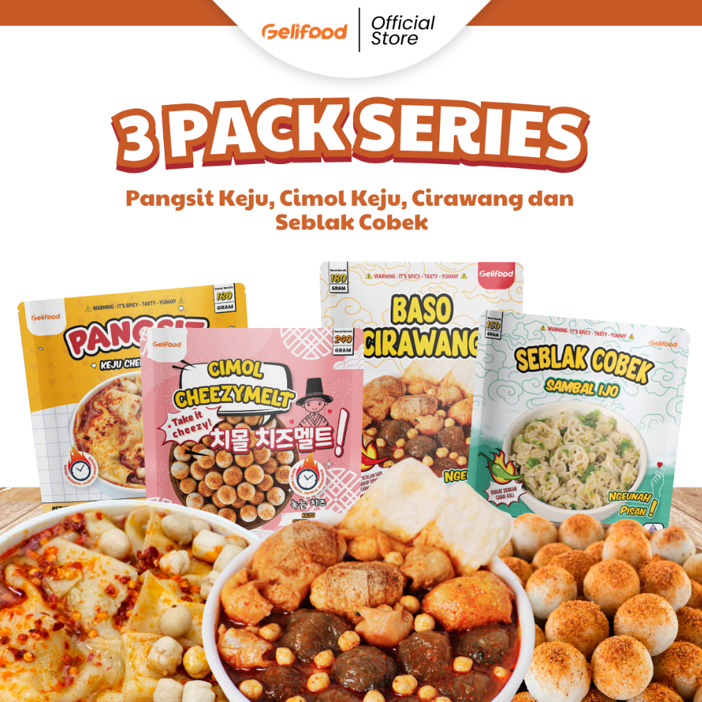 

Gelifood - Special Bundling 3Pack Series Cemilan Kuah Pedas Mercon (Pangsit Ayam Keju, Cimol Keju Cheesymelt, Baso Cirawang, Seblak Cobek)