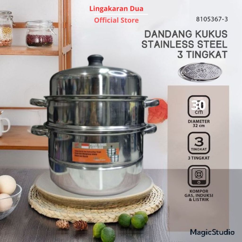 Panci Kukus Dandang Kukus 3 Tingkat 30 Cm Panci Steamer Panci Kukusan Stainless Steel High Quality