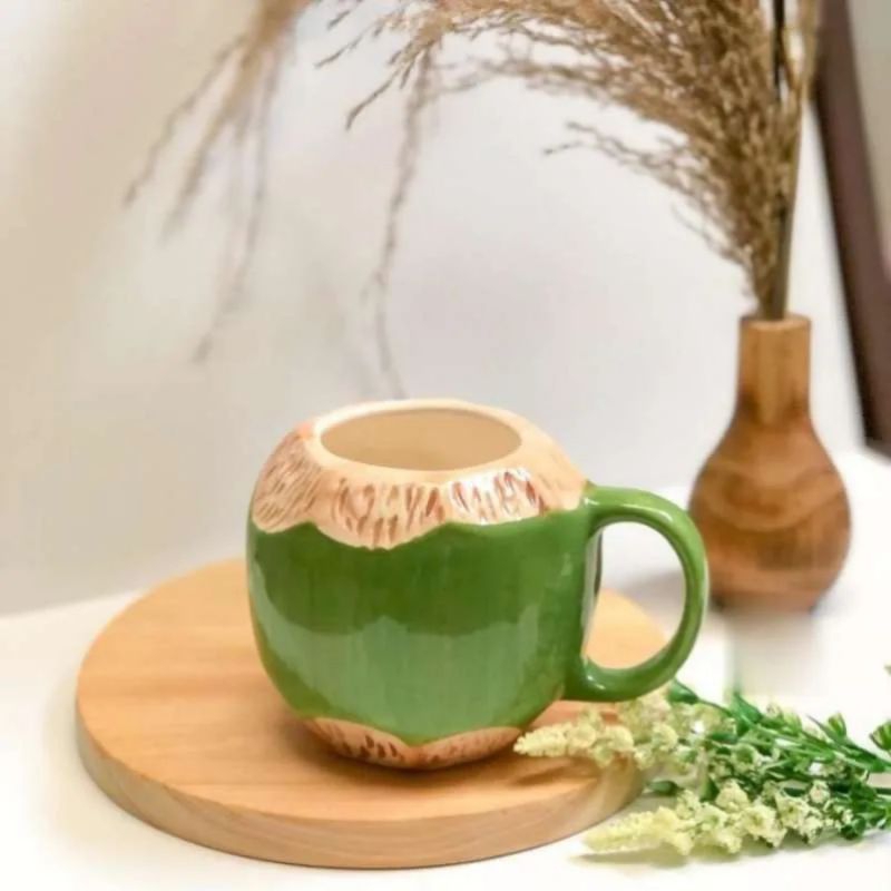 Gelas Kelapa - Mug Coconut - Gelas Keramik Bentuk Kelapa - White Line Mug Coconut
