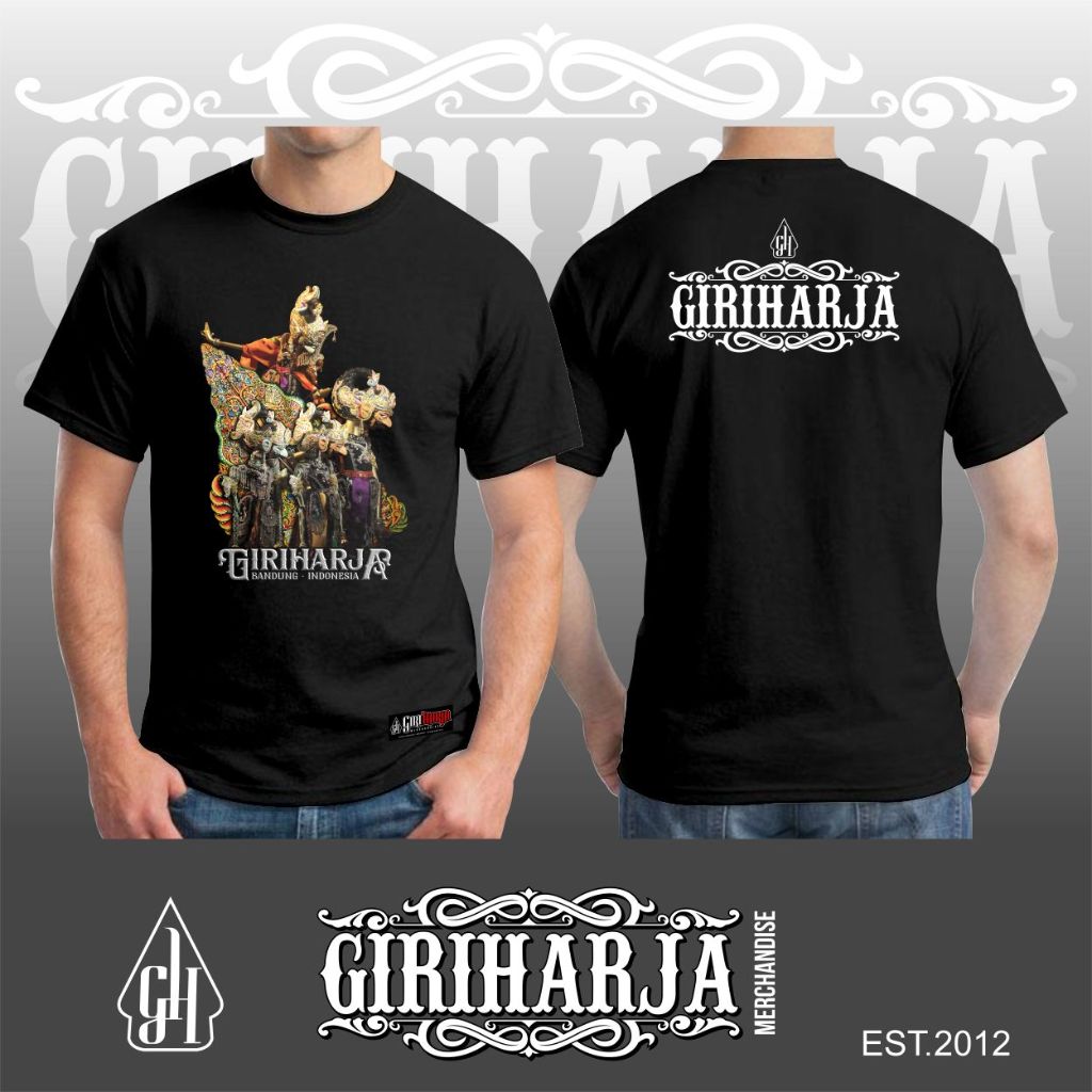 Kaos wayang golek Bima, Gatotkaca, Anterja, Jakatawang warna hitam dan putih tangan pendek